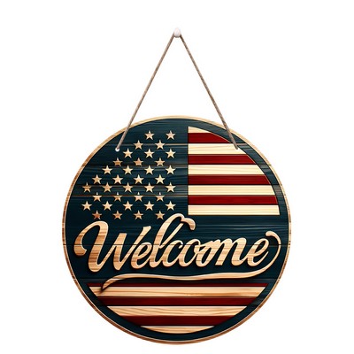 Independence Day Round Wooden American Flag Decor