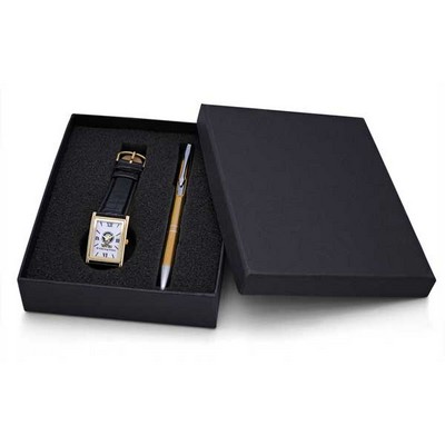 Unisex Gold Watch Set with Polished Aluminum Pen