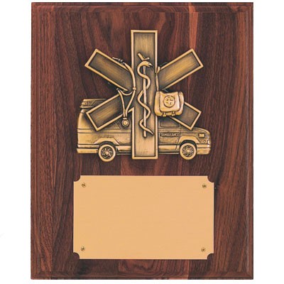 Genuine Walnut Plaque w/EMS Star of Life & Ambulance & Engraving Plate (8"x10")