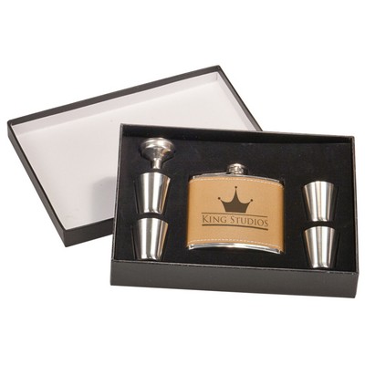 Tan Faux Leather Flask Set 6 oz