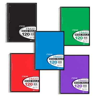 3 Subject Spiral Notebooks - Wide Ruled, 120 Sheets, 5 Colors (Case of