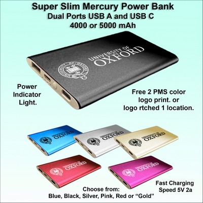 Super Slim Mercury Power Bank Dual Ports USB C and USB A 5000 mAh