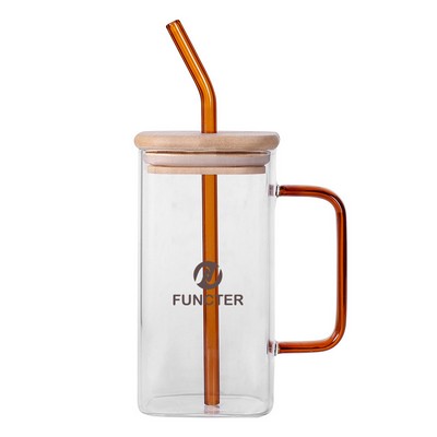 17oz Drinking Glass Cup with Bamboo Lid and Glass Straw