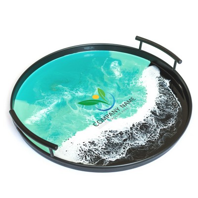 Black Metal Round Tray - Caribbean Blue