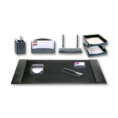 Crocodile Embossed Black Leather Desk Set (10 Piece)