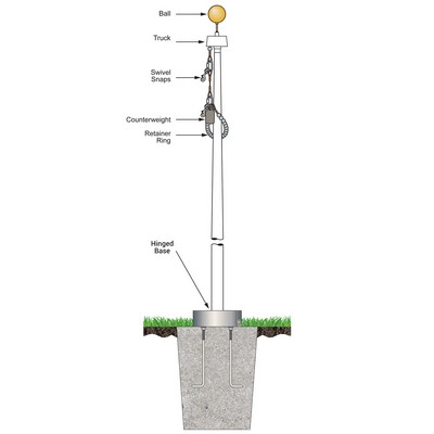 40' White Fiberglass Flagpole Internal Halyard - Hinged Base