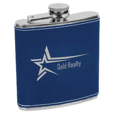 Stainless Steel Flask with Blue Faux Leather, Engraved, 6 oz