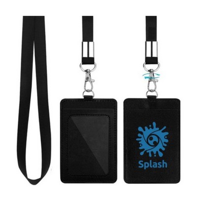 PU Leather ID Badge Card Holder With Lanyard