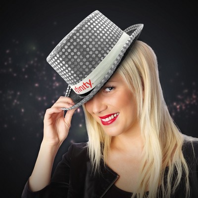 Silver Sequin Top Hat w/Silk Screened White Band