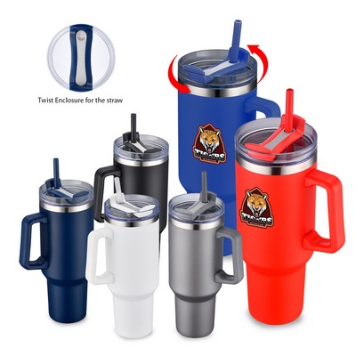 40 oz. PP Inner Double Wall Insulated Travel Handle Mug w/Straw & Twist Closure Lid