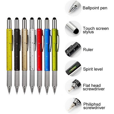 6-in-1 Multifunctional Tool Stylus Ballpoint Pen w/Spirit Level & Ruler & Screwdriver