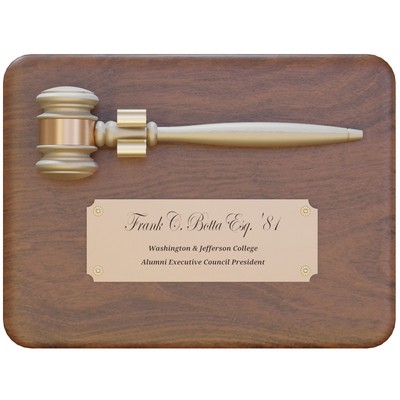 Walnut Plaque w/8" Gold Finish wood Gavel