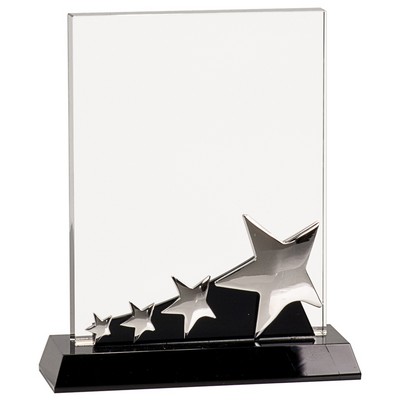 Crystal Rectangle Award w/Shooting Silver Stars on Black Pedestal Base (7")