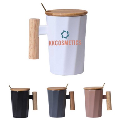 13 Oz. Ceramic Mug With Wooden Handle And Bamboo Lid