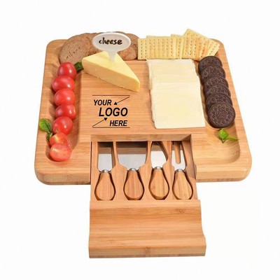 Bamboo Cheese Board and Knife Set with Hidden Drawer