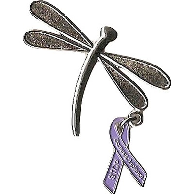 Silver Metal Dragonfly Lapel Pin w/ Dangling Purple Ribbon