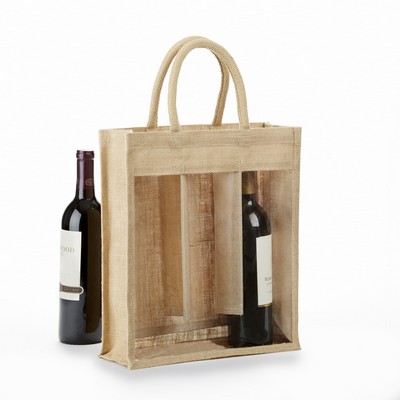 3 Bottle Clear Front Jute Wine Bag 14"X12"X4.5"