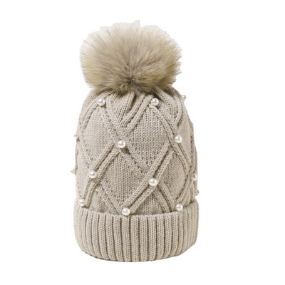 Winter Knitted Beanie W Faux Fur Pom